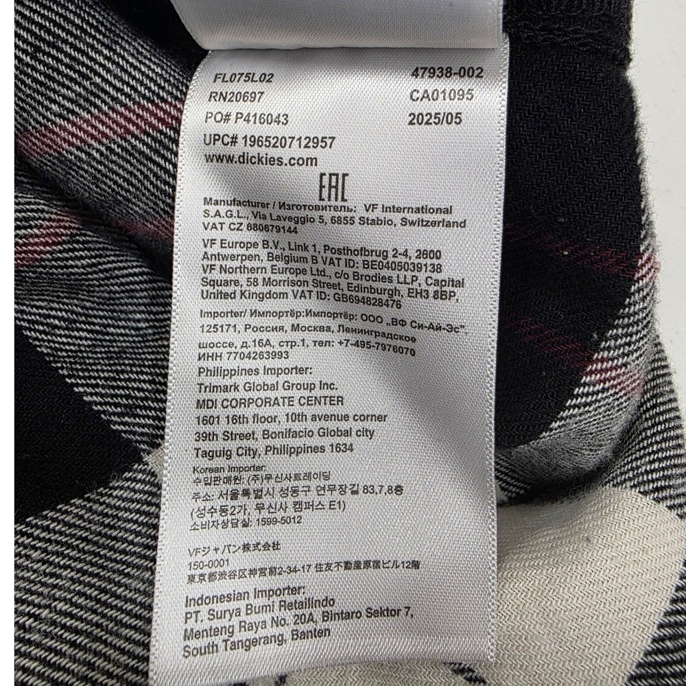 Dickies Womens XL Black White Red Plaid Cotton Flannel Button Up Shirt LS - Picture 10 of 10